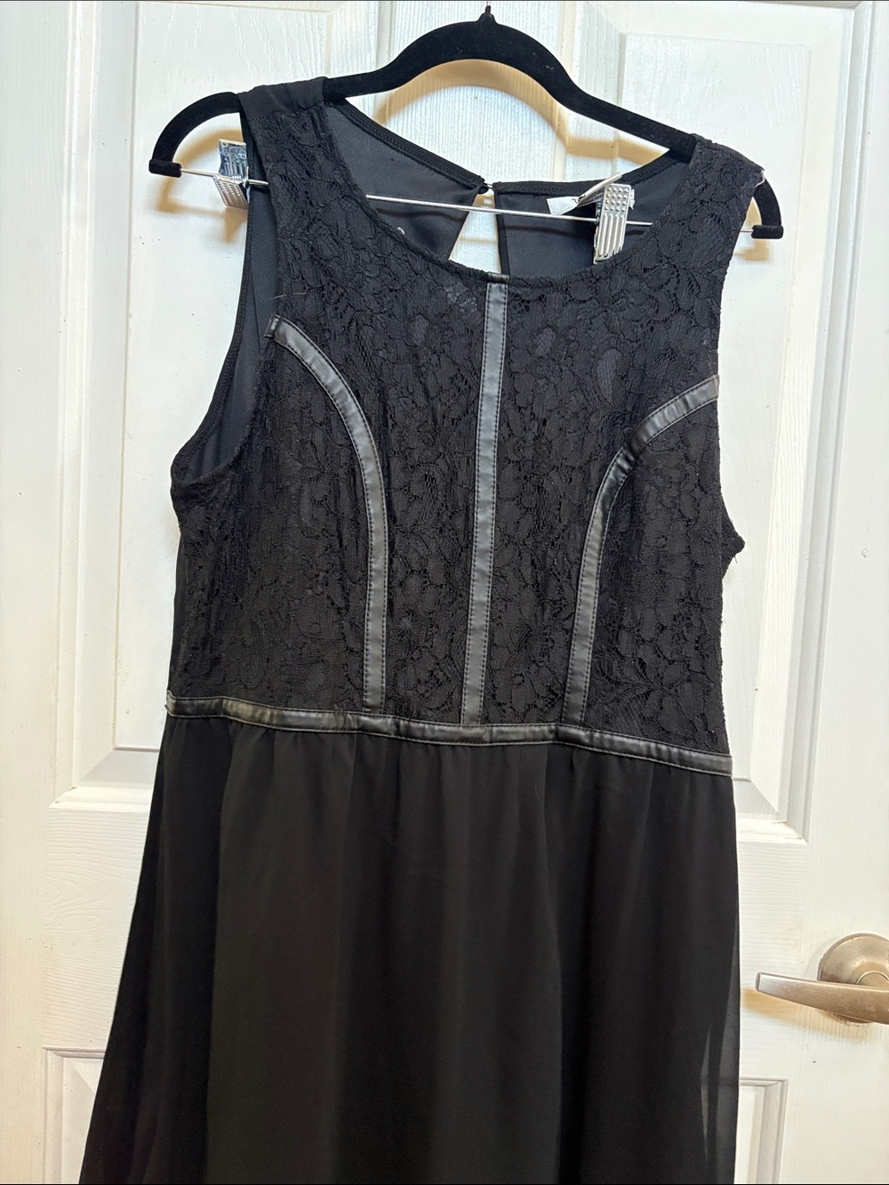 Pinky Black Lace-Top Midi Dress with Faux-Leather Trim